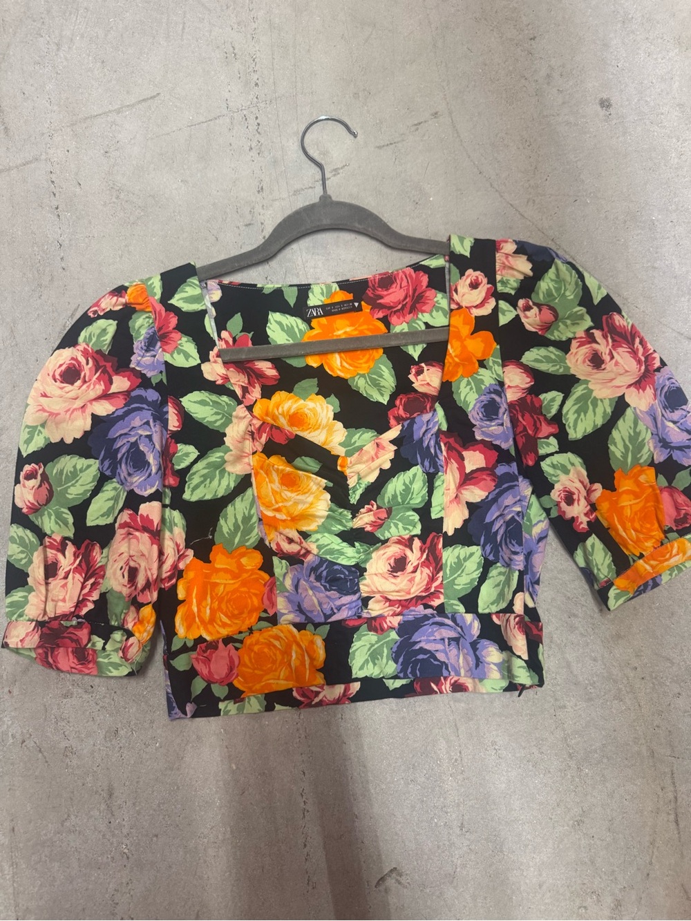 Zara Black Floral Square-Neck Puff Sleeve Crop Top